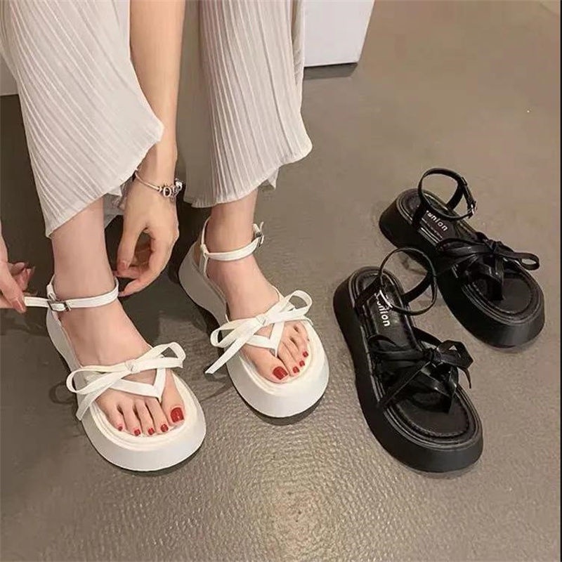 Sandal nữ đế cao bánh mì 4CM quai kẹp đính nơ đi êm châm trẻ trung hottrend rẻ đẹp