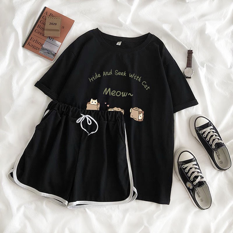 Sét áo phông Meow + quần short viền, áo thun from rộng thiết kế thời trang cá tính, chất đẹp không xù - LEEDA