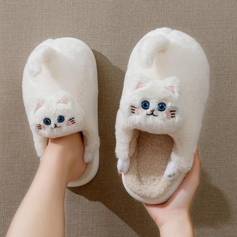 Dép bông, dép đi trong nhà hình mèo con ôm chân 3D nổi có đuôi