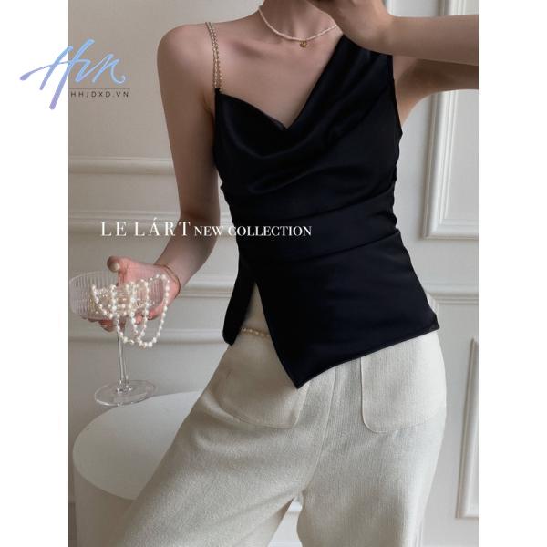 Chính Hãng Cao Cấp Áo Dây Xích Xẻ Tà Xếp Ly Lệch Vai Phối Xích Phong Cách Pháp ins Cho Nữ