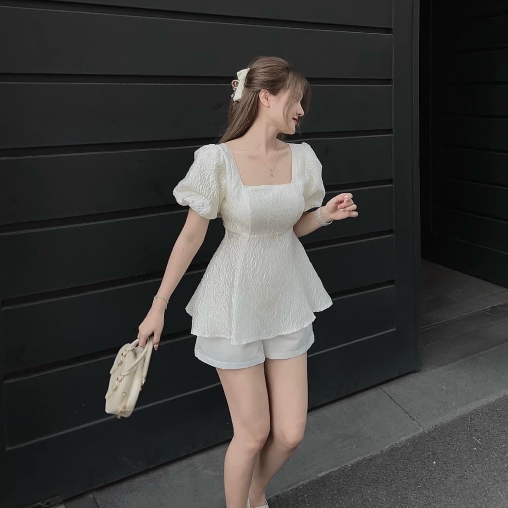 Set Váy Nữ,Set Váy Áo Gấm Tay Phồng Thiết Kế Dáng Xoè Ngắn + Short Đùi From Rộng Dự Tiệc Dạo Phố Sang Chảnh Thời Trang M