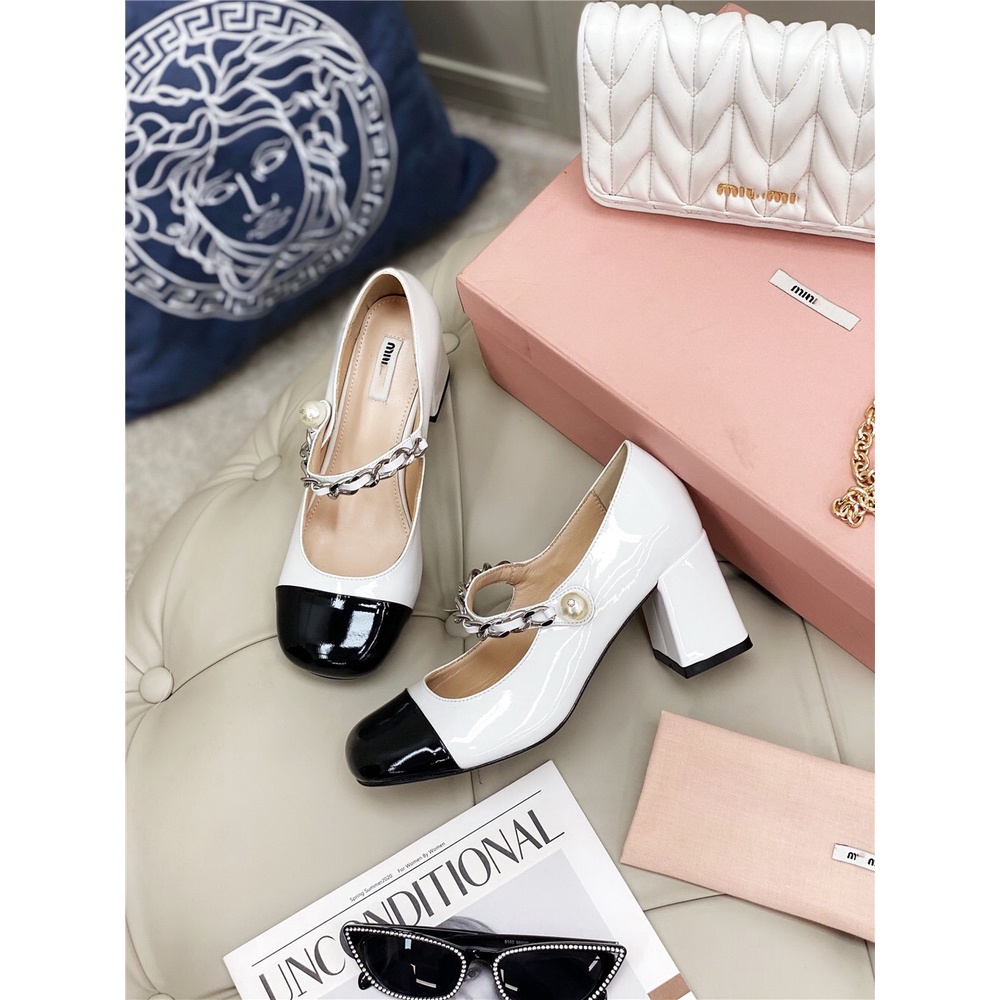 Giày cao gót nữ bít mũi gót vuông 7p quai ngang viền xích sang chảnh