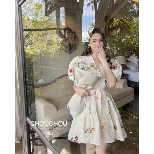 Đầm Thêu Hoa Thắt Eo Cổ V Siêu Xinh Mã AL20