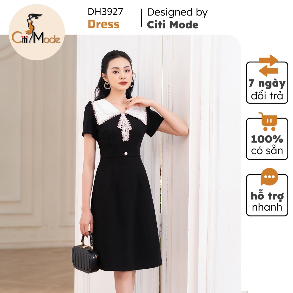Đầm công sở CITI MODE FASHION thiết kế dáng A đen phối cổ trắng DH3927