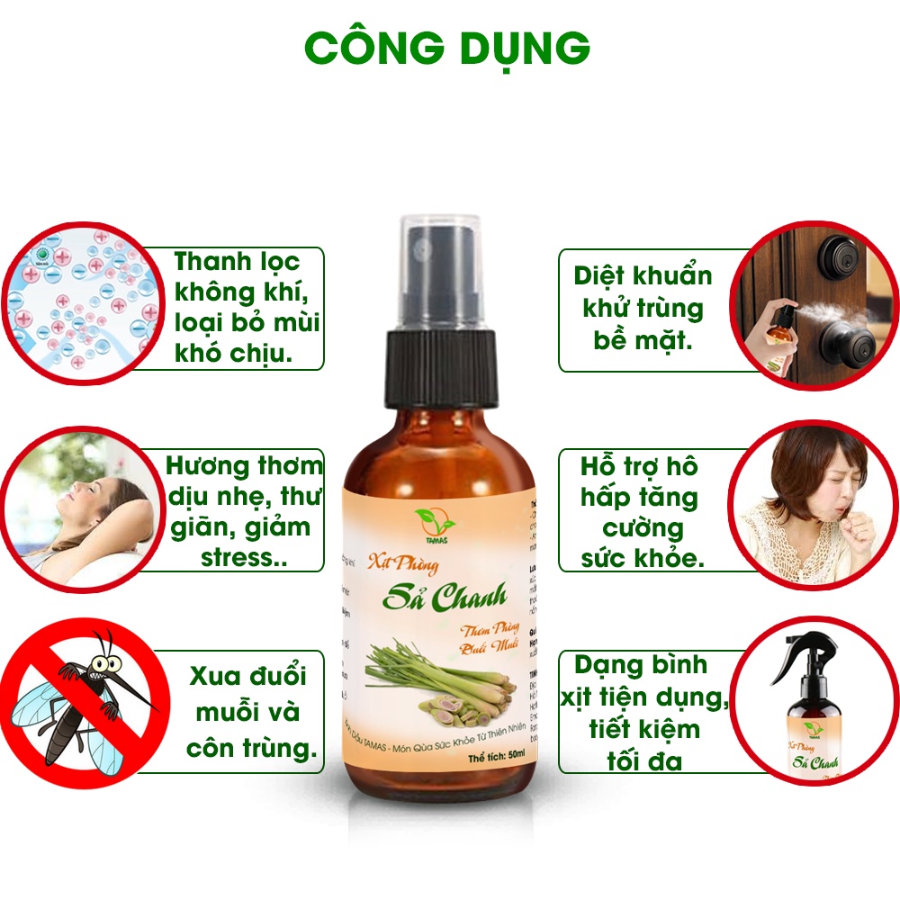 Xịt phòng Sả Chanh chai 50ml TAMAS, thơm phòng, thư giãn, giải tỏa strees, xua đuổi muỗi và côn trùng hiệu quả.