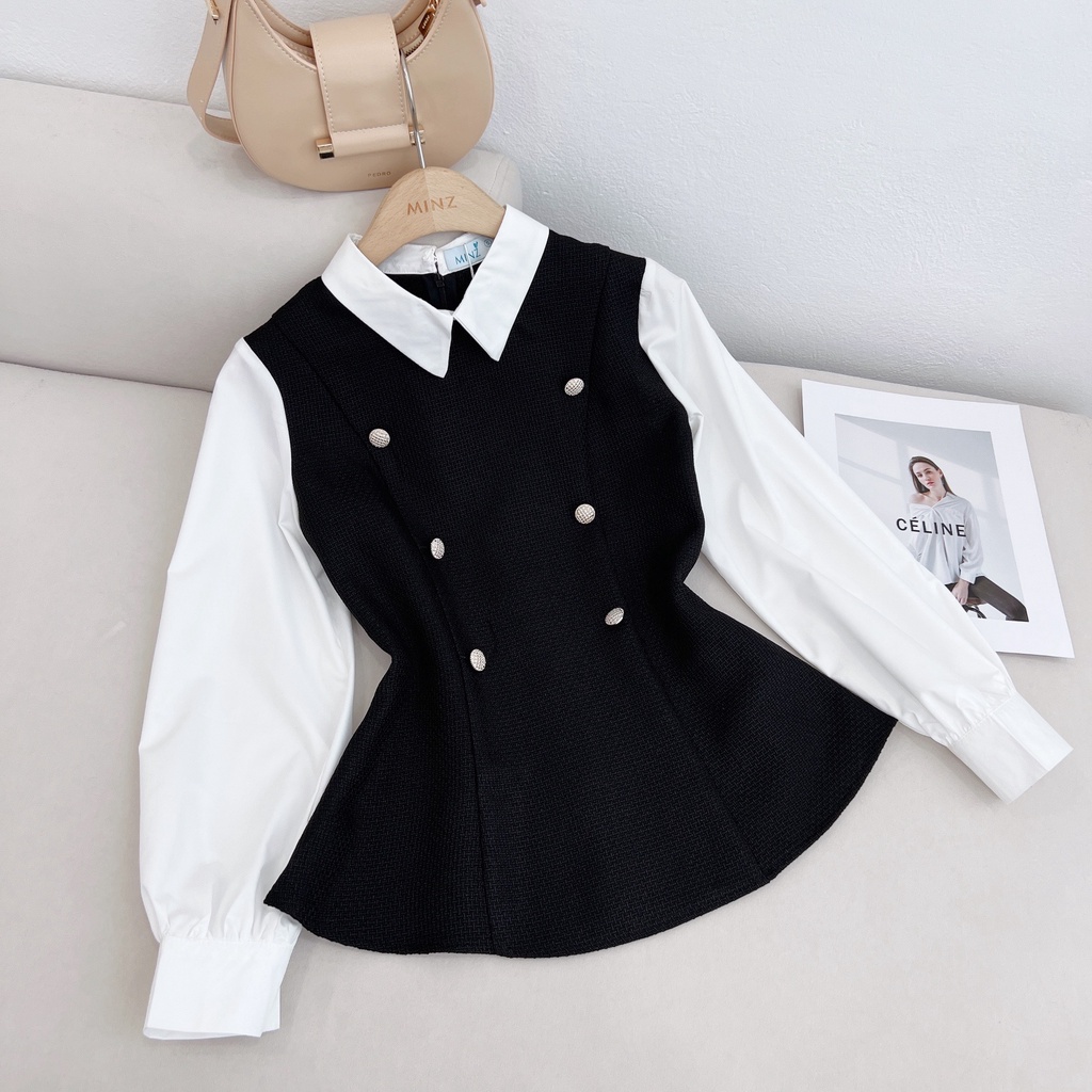 Áo Peplum Nữ MINZ STORE Mã 3552A, Thiết Kế Phối Tay Cổ Bẻ