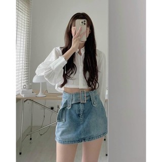 ÁO SƠ MI TRƠN CROPTOP DÀI TAY TÚI NGỰC BASIC (Có ảnh thật)