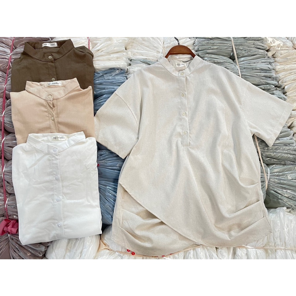 Áo sơ mi vintage EMIX, freesize dưới 55kg, tay lỡ, cổ tàu, chất linen gấu chéo