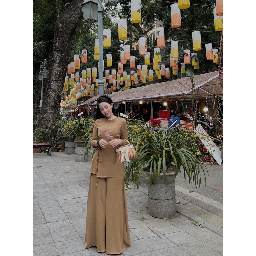 Bộ áo lụa bà ba đi lễ chùa dáng freesize thắt nơ eo thêu hoa và cá vải lụa trơn dày dặn, cao cấp màu Xanh, Nâu, Đen