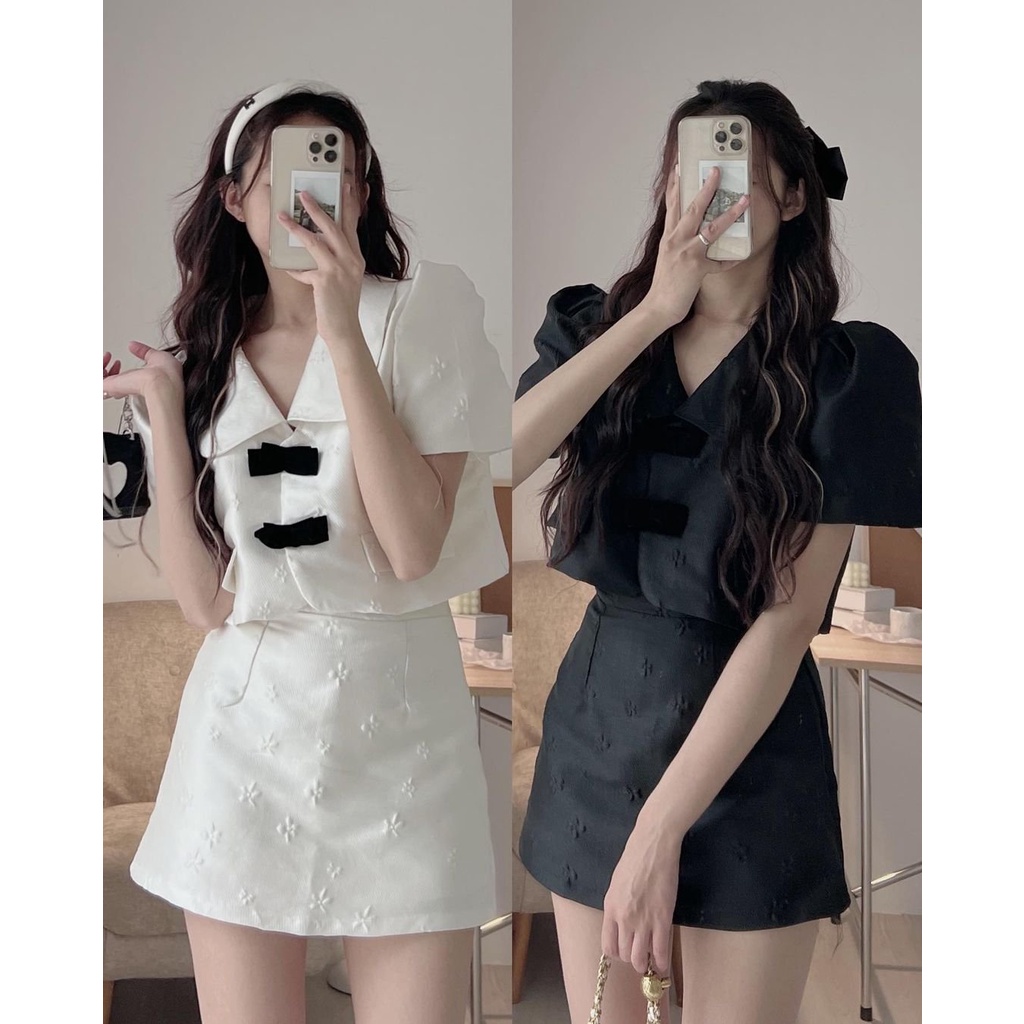 [SẴN/VIDEO] SET GẤM HOA NỔI NƠ NGỰC ĐEN CỘC TAY 2 LỚP HÀNG ĐẸP LOẠI 1