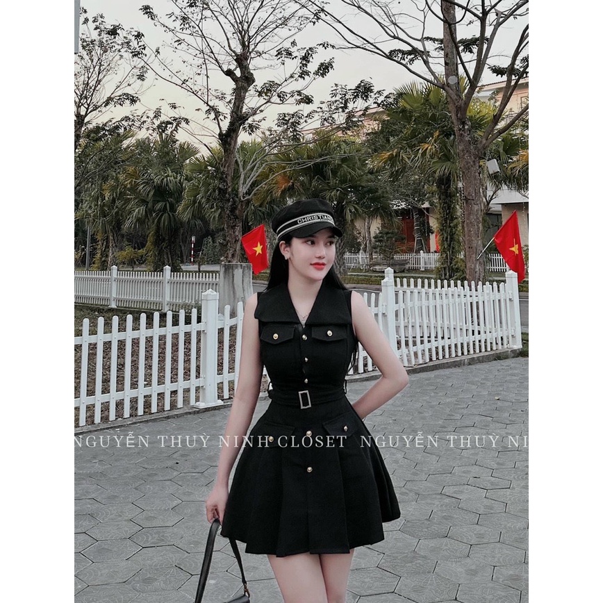 Đầm nữ thời trang mặc đi chơi chất cotton lạnh cổ V sát nánh phối túi giả váy chữ A xếp ly dễ thương