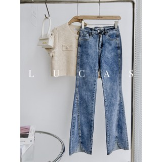 Quần jeans ay xanh ống loe cạp cao xẻ gấu quần