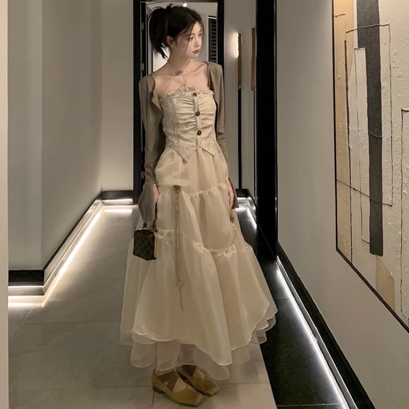 (Ảnh thật ở cuối)Set Áo Cardigan Dáng Ngắn Tay Dài Phối Váy Hai Dây Cúp Ngực Thiết Kế Thời Trang Xinh Xắn Cho Nữ