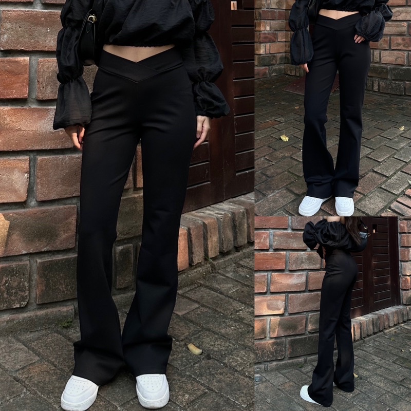 Quần legging ống loe dáng dài Black Flare Pants ET.TEE vải thun cạp chun co dãn mềm đủ size Q447