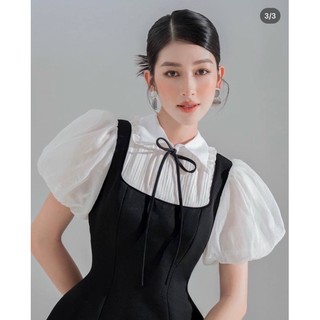 [ HÀNG CÓ SẴN ] ĐẦM ĐEN PHỐI CỔ TAY TRẮNG NƠ ĐEN