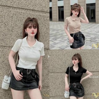 Xả kho bán lỗ - Áo croptop len dệt kim cổ polo tay ngắn phong cách hàng quốc, áo len dệt kim cổ bẻ mix 3 khuy ROSIE
