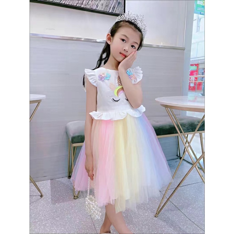 Váy đầm hoạ tiết và ren lưới cầu vồng cho bé gái. Mã hàng: NK0046