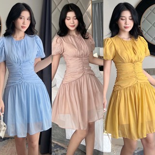 Đầm dự tiệc tay phồng xếp nhún nút bọc hnk376