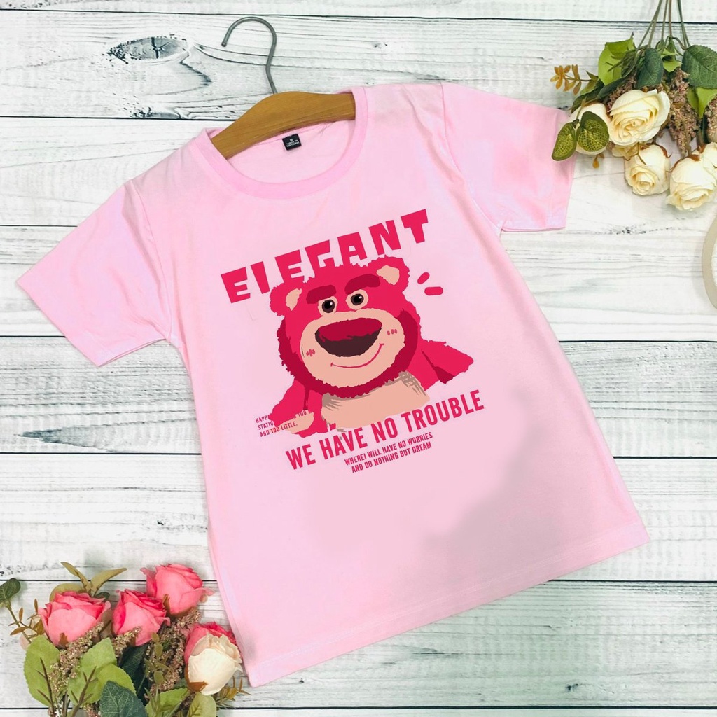 Áo thun hồng cho bé gái hình gấu bông dâu Lotso strawberry bear, áo phông bé trai bé gái cổ tròn mềm mịn size 10 - 60kg
