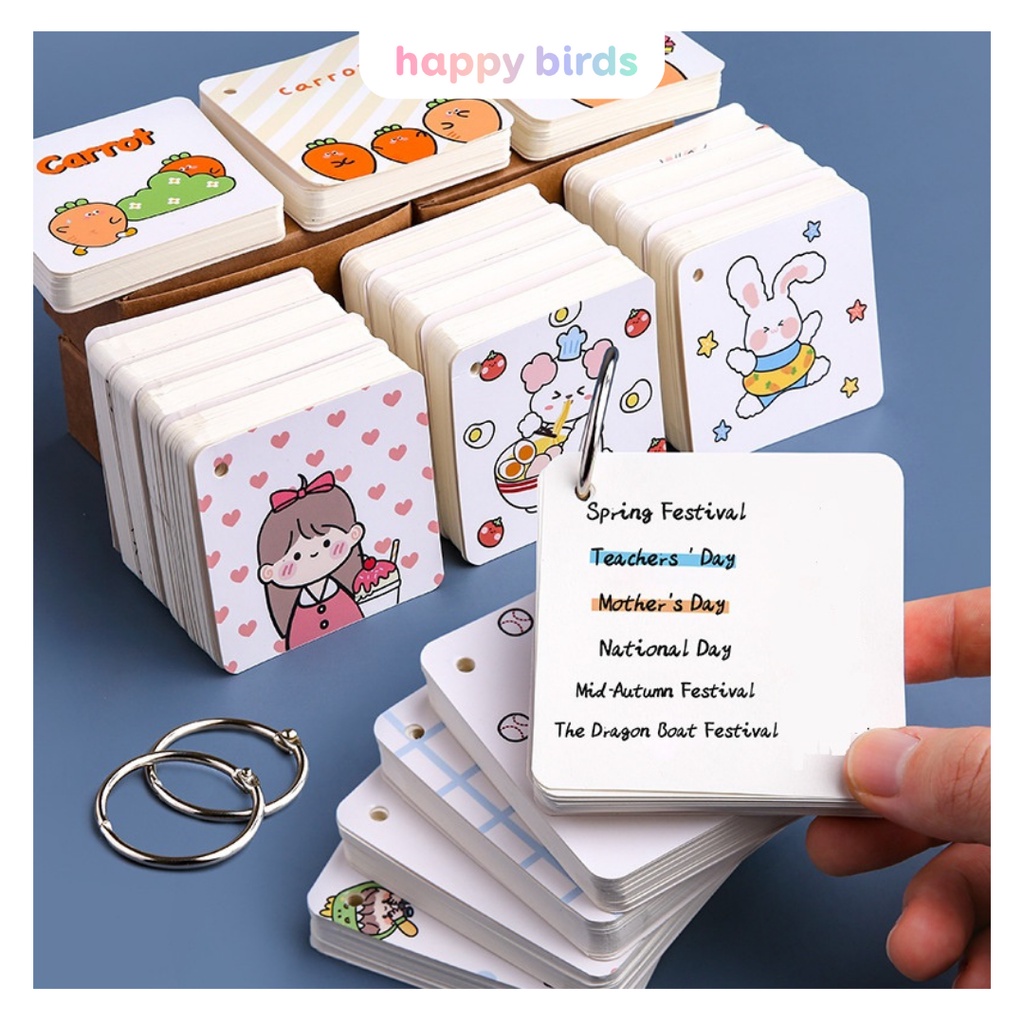 Flashcard học từ vựng dễ thương trắng 80 tờ 7x7cm flashcards ghi chú note vuông thẻ học từ vựng tiếng anh HappyBirds