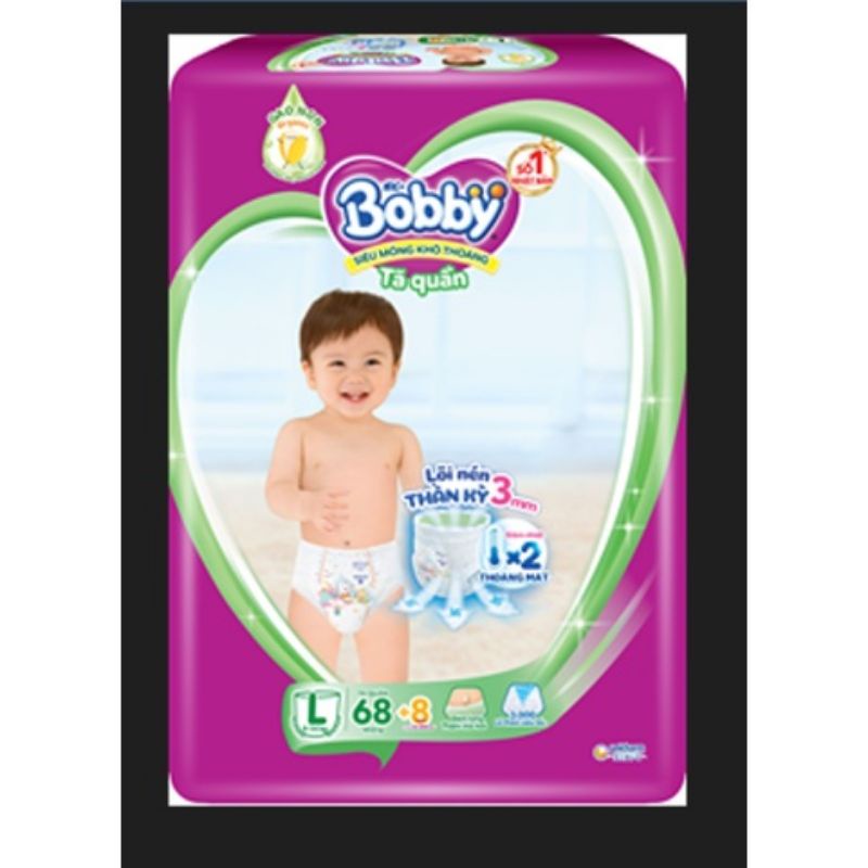 🏰HCM 🏰TẶNG 8 MIẾNG👉 Tã quần Bobby siêu mỏng gạo non size M76+8 / L68+8 / XL62+8 / XXL56+8