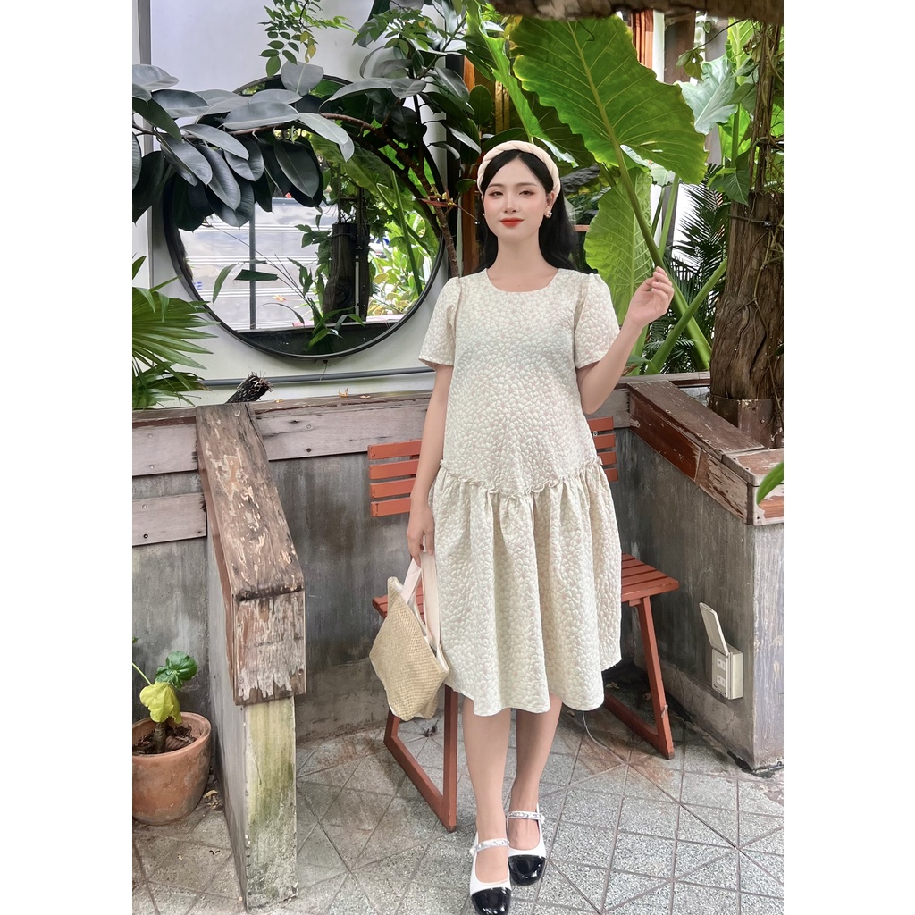 Đầm bầu hoa nhún tầng viền chanh sả