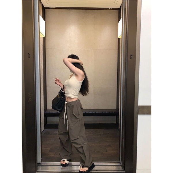 TKLIHN Quần kaki ống rộng Ulzzang dây buộc eo phong cách HIPHOP đường phố 2023 HOT TREND