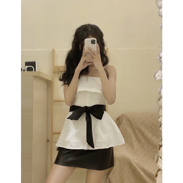 Áo cúp ngực thắt nơ đen eo - T076