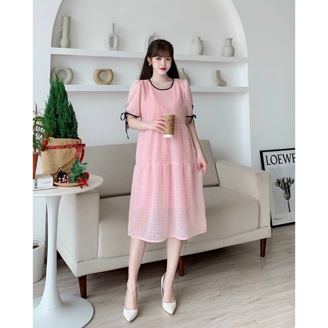 Đầm ren Xốp Hai Lớp Dáng Babydoll Phối Viền Nơ Mã H40