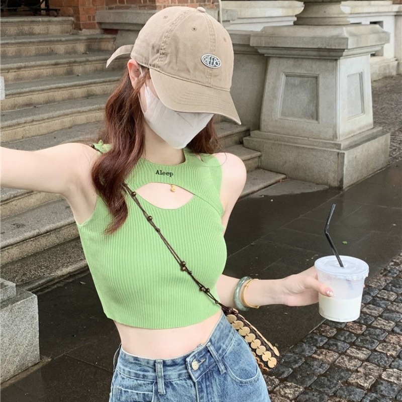 Áo dệt kim sát nách hở rốn eo cao kiểu dáng quyến rũ