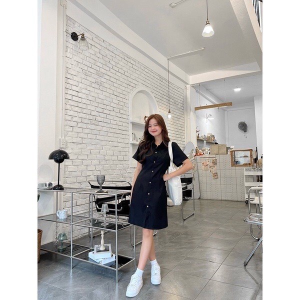 Đầm nữ sơmi cài cúc dáng dài, Váy babydoll ulzzang kiểu hàn basic cổ bẻ dễ thương dự tiệt mặc nhà