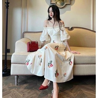 Váy Trễ Vai Midi Thêu Hoa Tay Bồng (loại 1) Đầm Xoè Dáng Dài Đi Tiệc, Váy Xoè Đi Biển