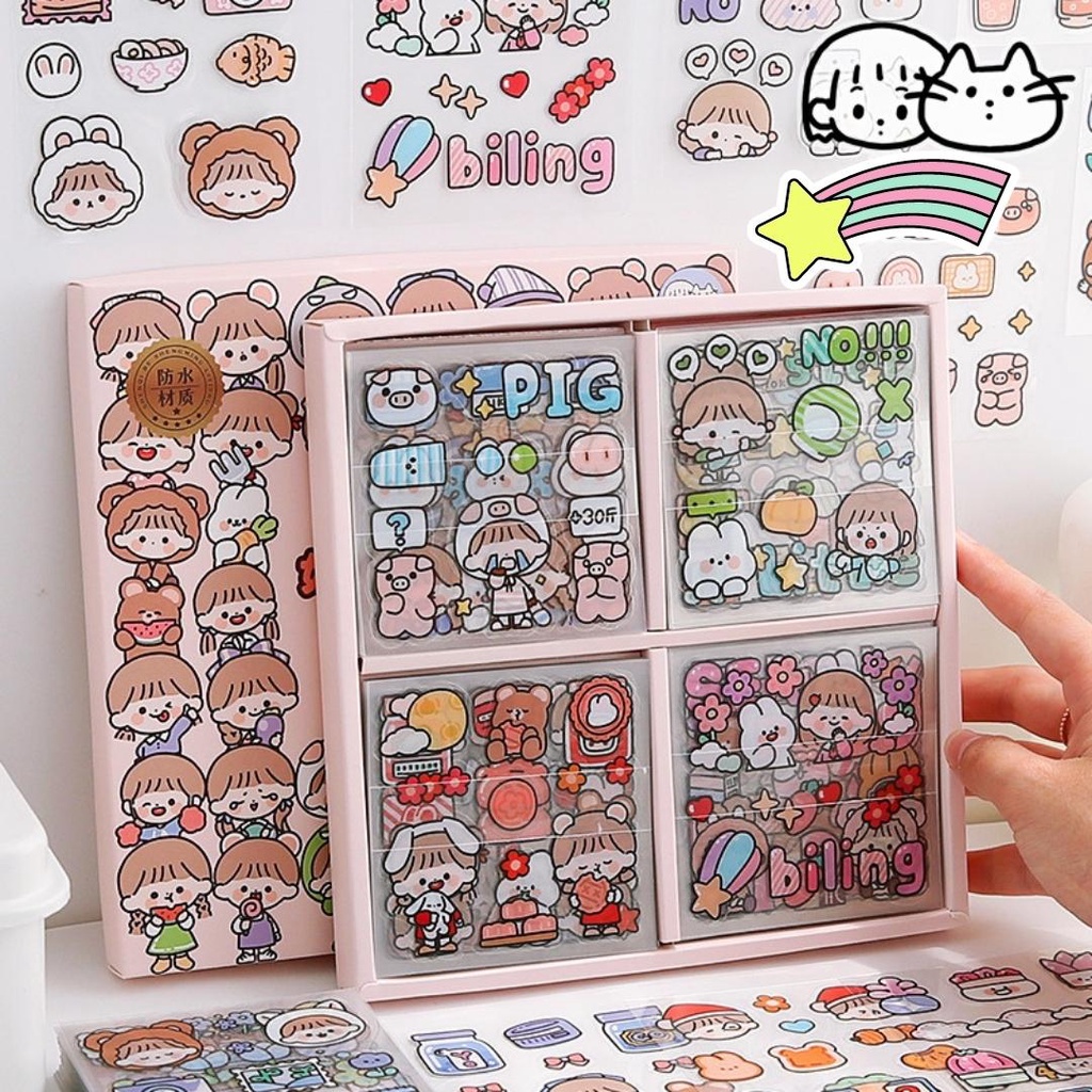 Hộp 100 tấm Sticker Hình Dán Họa Tiết Hoạt Hình Trang Trí siêu đáng yêu
