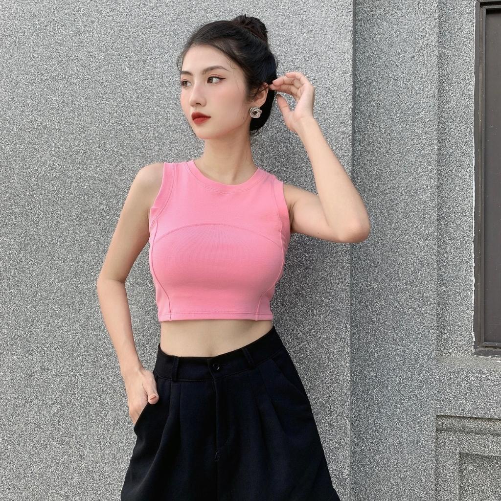 Áo ba lỗ nữ bigsize kiểu viền giữa có mút ngực GenY, Áo croptop 3 lỗ ôm body vải borip nách bo viền cực đẹp -BLBR- | BigBuy360 - bigbuy360.vn