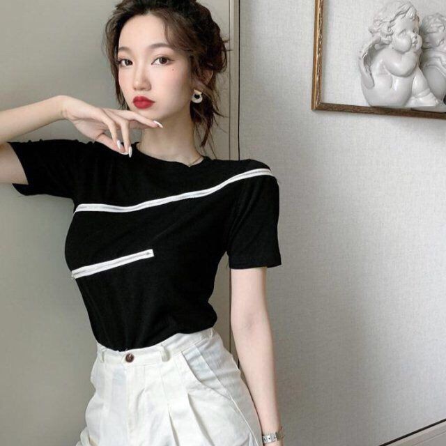 Áo Kiểu Trễ Vai Tay Ngắn Phối Khoá Kéo Thời Trang Mùa Hè Cho Phái Nữ