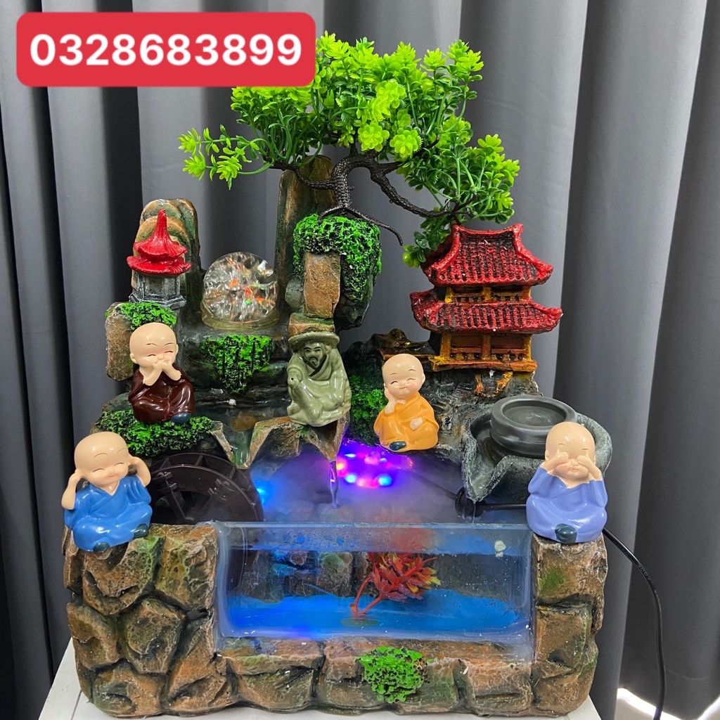 Thác nước phong thủy để bàn Phát Tài tiểu cảnh hòn non bộ, bể cá mini , BỘ 4 CHÚ TIỂU