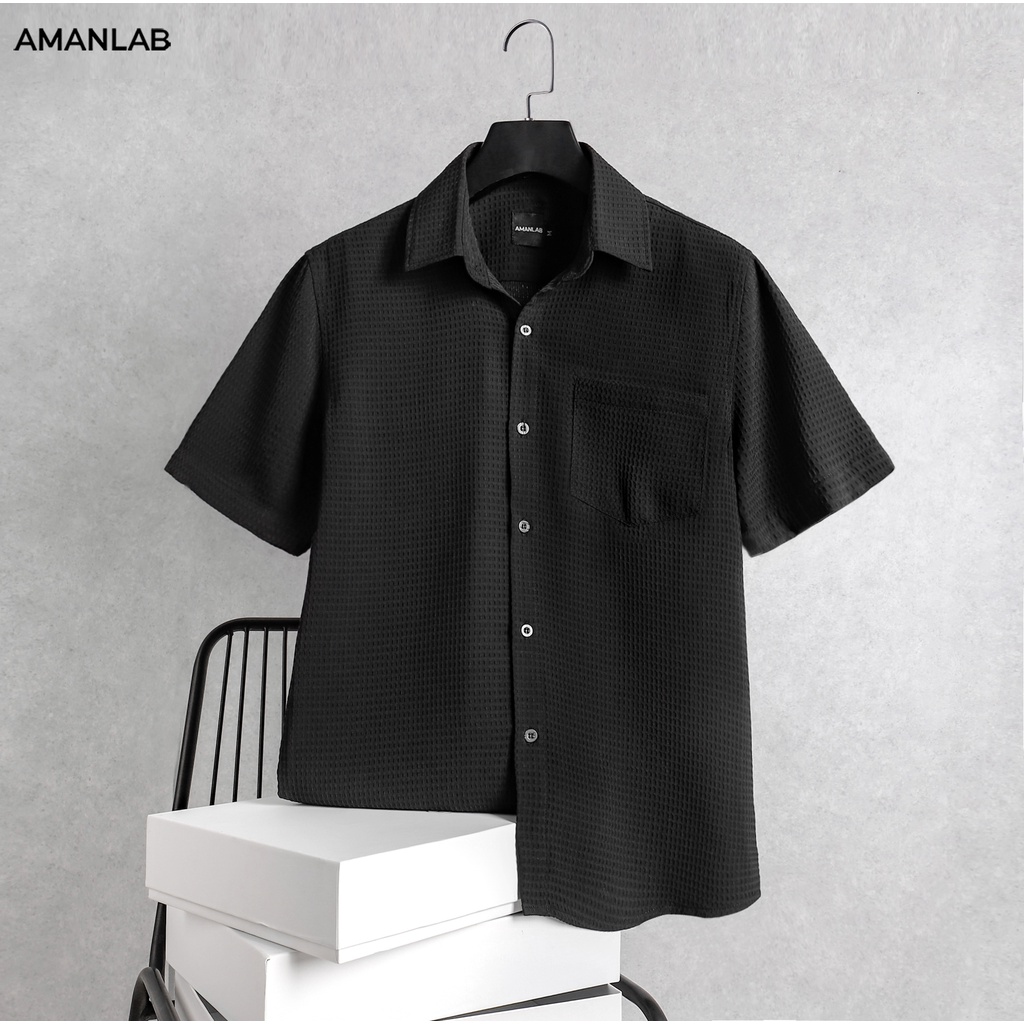 Áo sơ mi nam tay ngắn basic chất vải cotton dệt khối thoáng mát , không nhăn , form regular Mood Đen AMANLAB