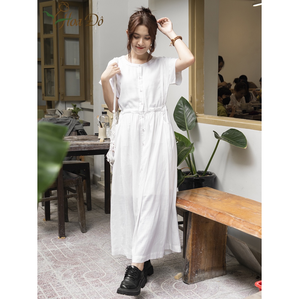 Đầm linen nhúng thắt eo sau thời trang HOA ĐÔ thiết kế đơn giản thanh lich màu trắng HD3043