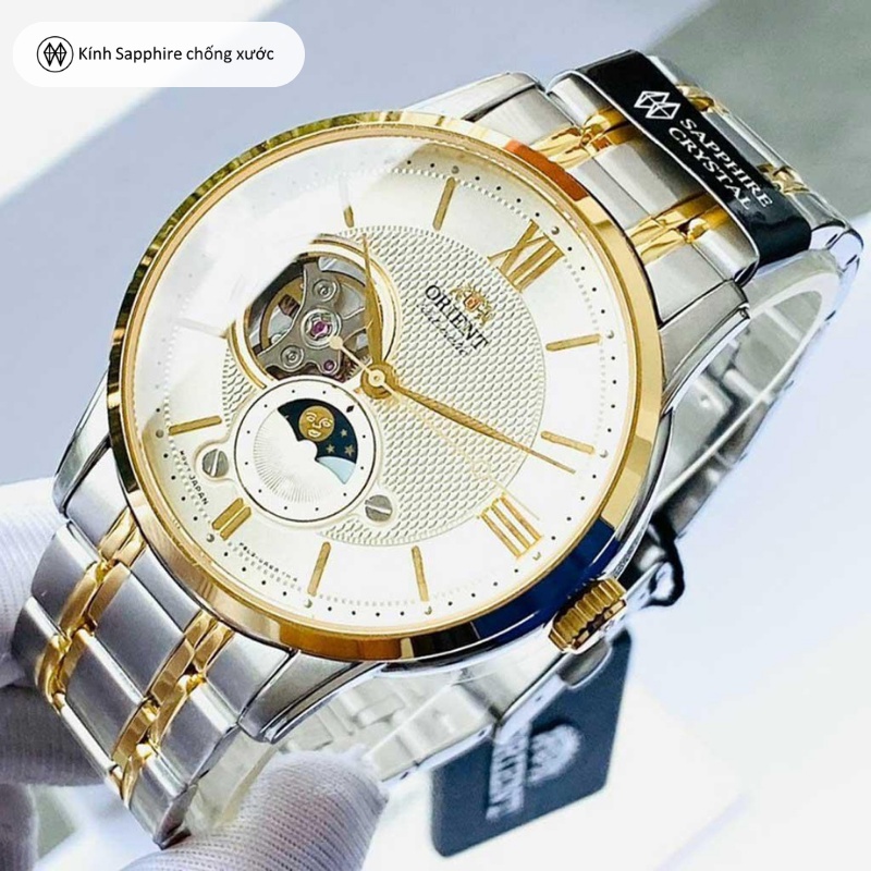 Đồng hồ cơ nam Orient Watch Sun And Moon RA-AS000 lộ máy mặt kính sapphire chống xước dây thép đeo tay chính hãng