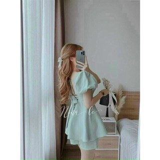 [New Sales 2024] Sét Bộ áo BaByDoll buộc nơ sau mix quần Shorts Đùi, Sét bộ BaBy Doll Nữ