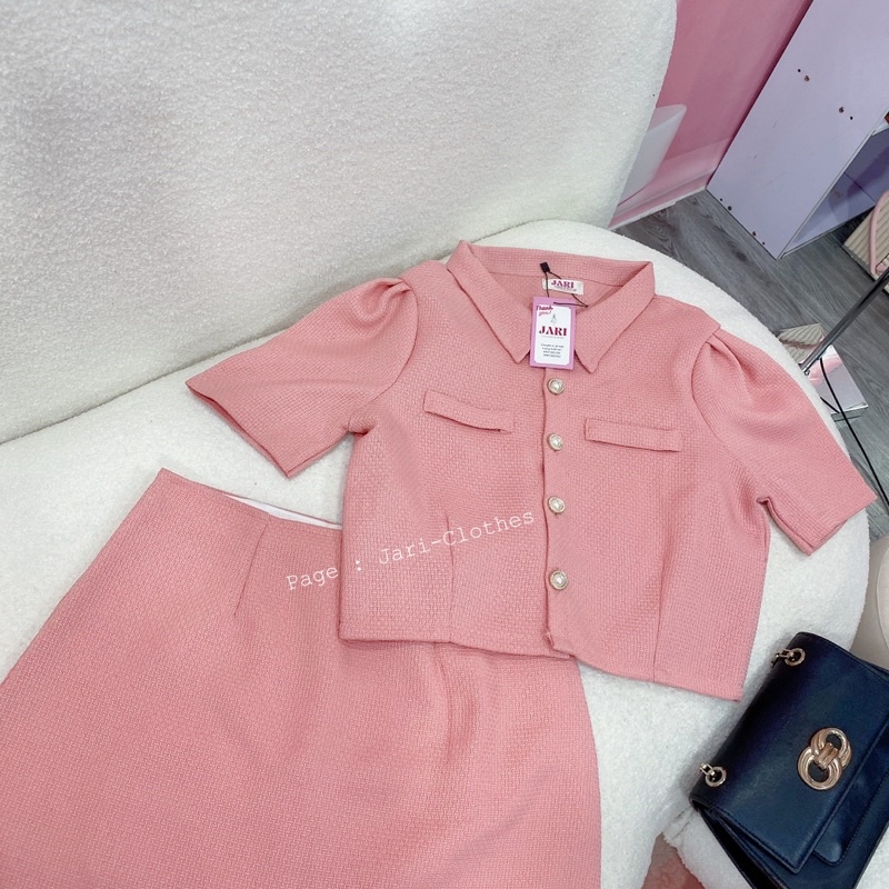 Sét dạ ngắn chân váy chữ A  màu hồng ngọt ngào dễ thương đi chơi