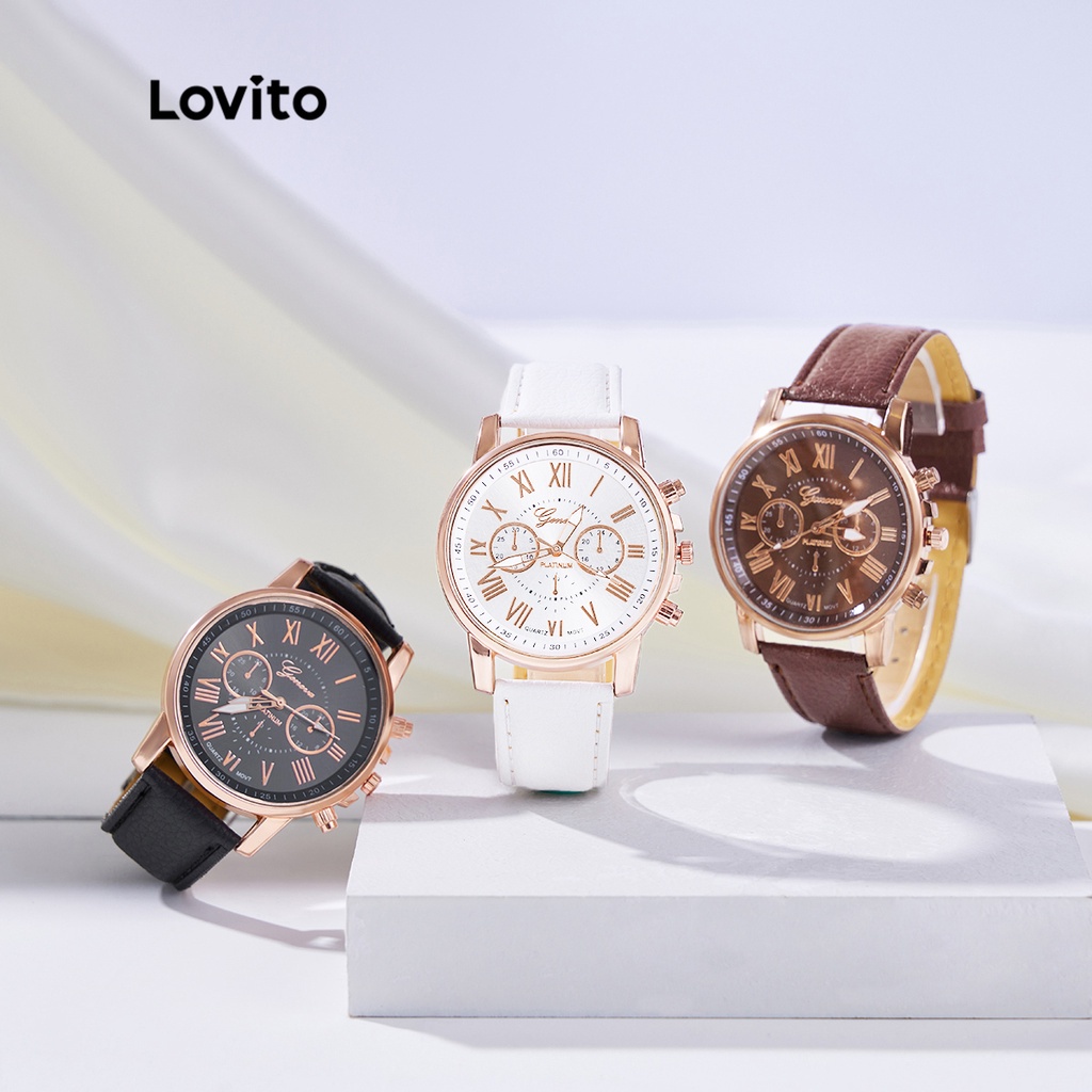 Đồng hồ thạch anh dây da PU Lovito Hình tròn trơn nhẵn Thanh lịch LSP01023 (Nâu/Trắng/Đen)