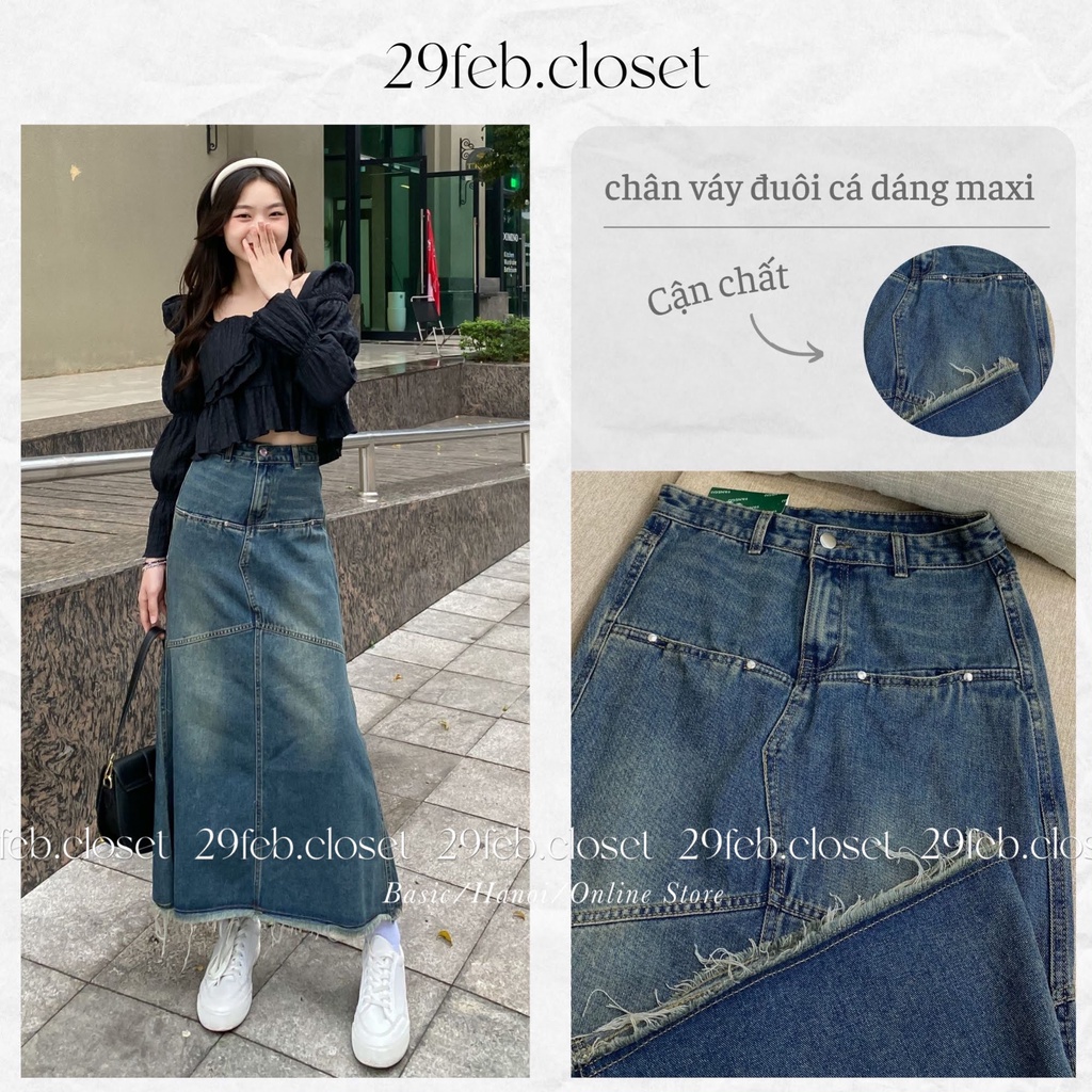 Chân váy jeans đuôi cá dáng maxi tua gấu - 29feb.closet - CV22