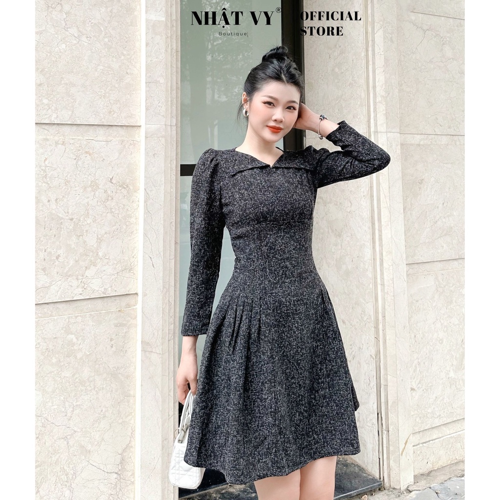 Đầm dự tiệc Nhật VY tay dài cổ tim cách điệu dáng xoè xếp ly chất dạ phù hợp đi chơi sang chảnh - D2627
