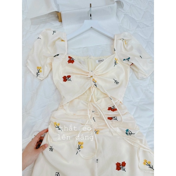 Đầm Maxi Nữ Tay Bồng Rúm Hông, Váy trắng maxi hoa Tay Bồng