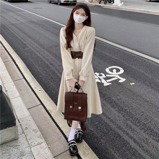 Váy liền thân tay dài thắt eo buộc nơ sau