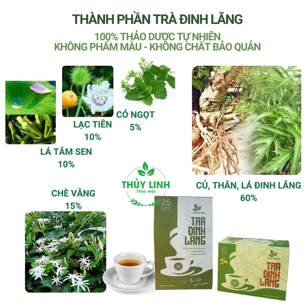 Trà Đinh Lăng túi lọc THÁI HƯNG - An thần, ngủ ngon, Giảm Stress