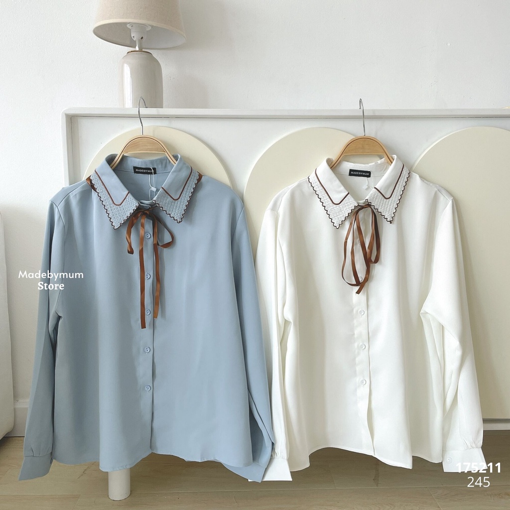Áo sơ mi viền cổ nhọn cột nơ