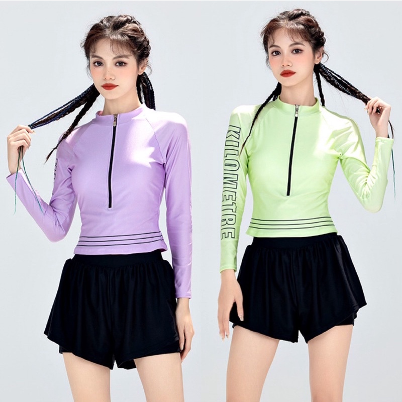Đồ bơi nữ tay dài, áo tắm 2 mảnh kín đáo, chống nắng màu tím