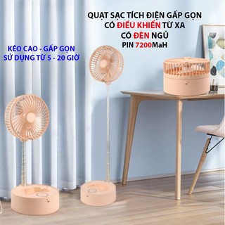 Quạt sạc tích điện gấp gọn 7200mah, có điều khiển từ xa, có đèn ngủ